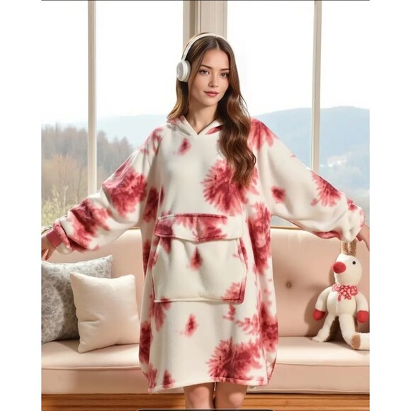 comfy sherpa red wearable blanket oversized cozy lounge fleece blanket hoodie - Picture 1 of 6